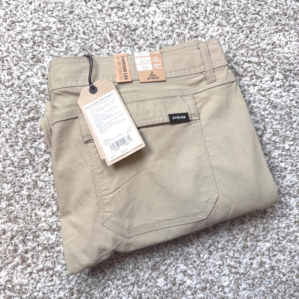 PrAna Stretch Zion Slim Pant II Men's 42x30 Khaki Tapered Leg Hiking Outdoor New